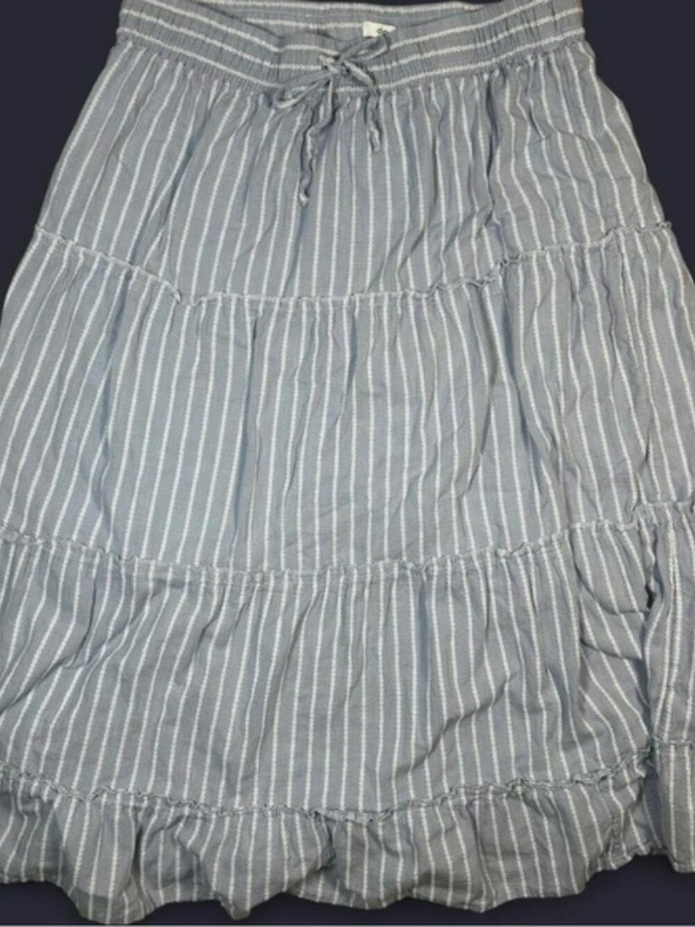 100% Cotton Blue White Tiered Embroidered Striped Maxi Skirt Tie Waist Women XL